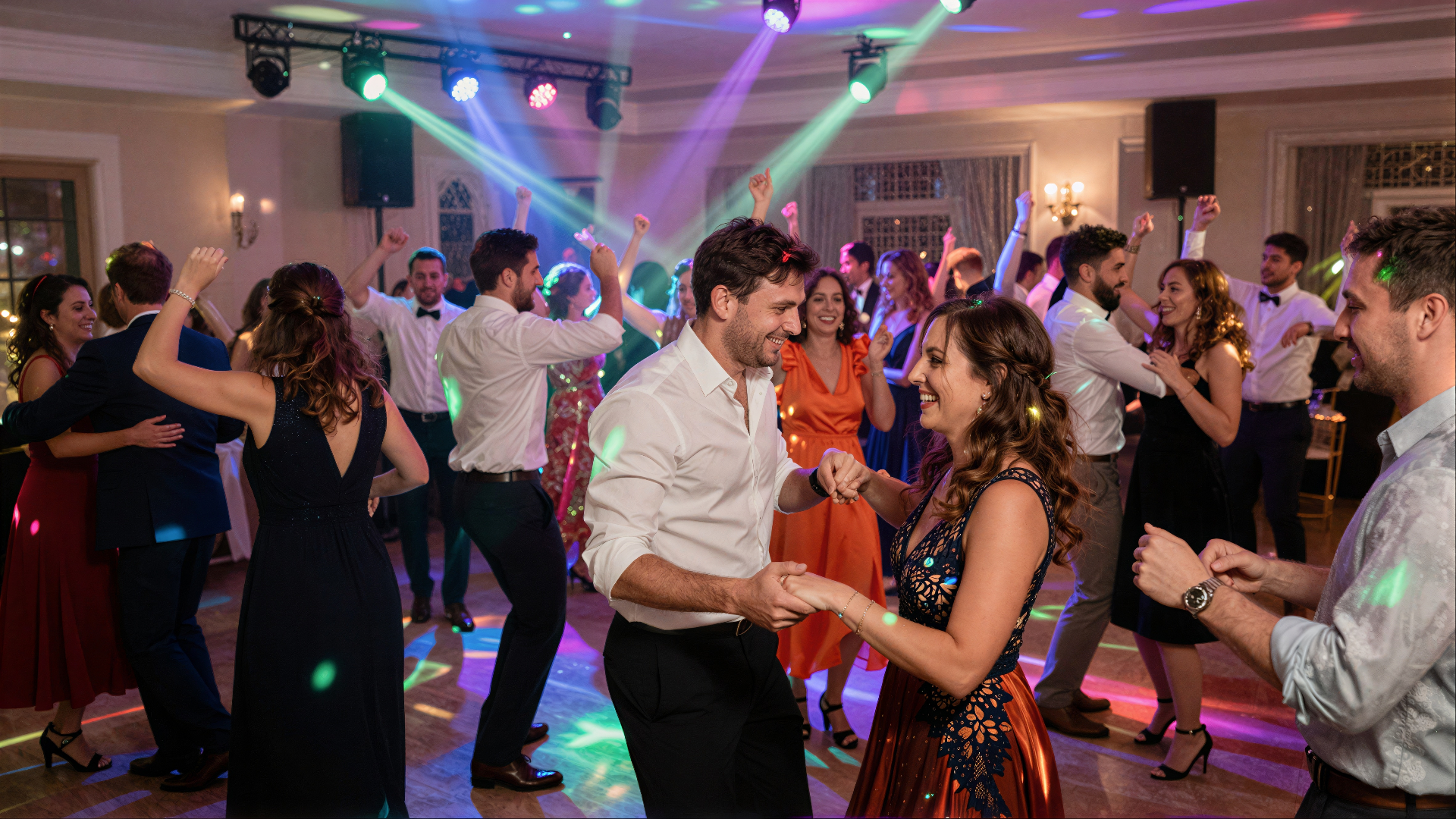 A packed wedding dancefloor with laser beams and silhouettes mid-dance